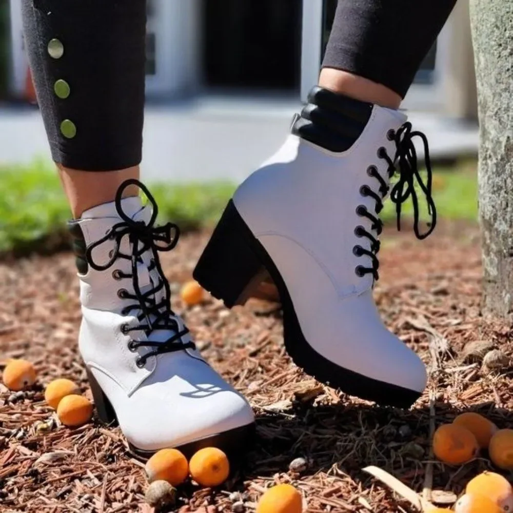 White Chunky Heel Ankle Booties Women’s Round Toe Shoes - Picture 7 of 9